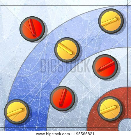 Curling winter game. Ice and stone, team and rink, competition brushing and slip. Flat vector illustration.