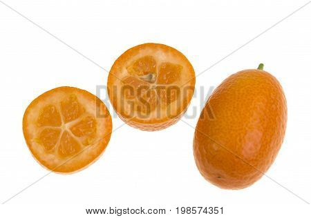 The Nagami Cumquat Fortunella margarita looks like a tiny orange with an oval shape sweet oily skin quite sour inside and orange colour.