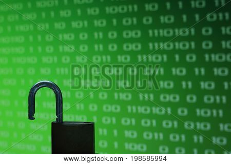 Unhacked safe from virus and ransomware. 

Unlock in front of Green binary computer code screen digital concept background on green Screen.