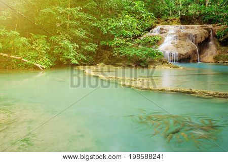 Level 1 Of Erawan Waterfall With Neolissochilus Stracheyi Fish In Kanchanaburi, Thailand