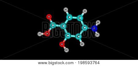 4-Aminosalicylic acid or para-aminosalicylic acid is an antibiotic primarily used to treat tuberculosis. 3d illustration