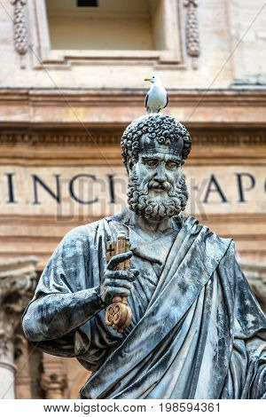 ROME, ITALY - JANUARY 18, 2017 Saint Peter Keys Statue's Seagull Basilica Vatican Rome Italy. Statue commissioned in 1847 by Giuseppe De Fabris.