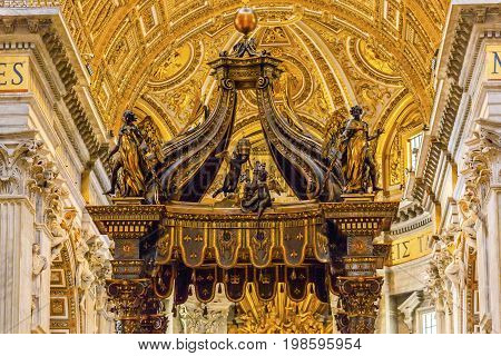 ROME, iTALY - JANUARY 8, 2017 Saint Peter's Basilica Bernini Baldacchino Holy Spirit Dove Vatican Rome Italy. Baldacchino Canopy built in 1600s over altar and St. Peter's tomb