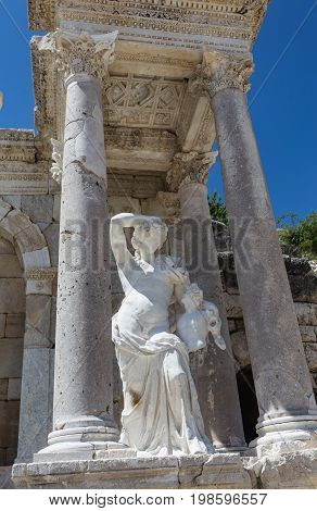 Ancient city Sagalassos ruins columns, sculpture and big stones