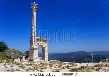 Ancient city Sagalassos ruins columns, sculpture and big stones