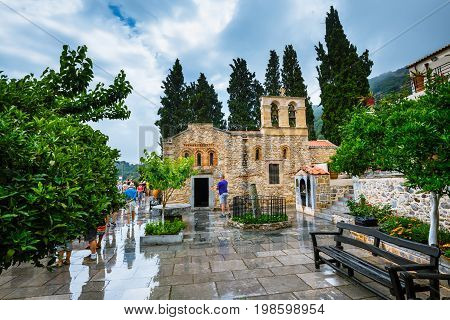 Kera, Crete Island, Greece - June 08, 2017: Unidentified People Visit Ancient Monastery Kera Kardiot