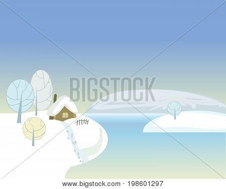 Beautiful countryside winter background with frozen lake.Vector illustration.
