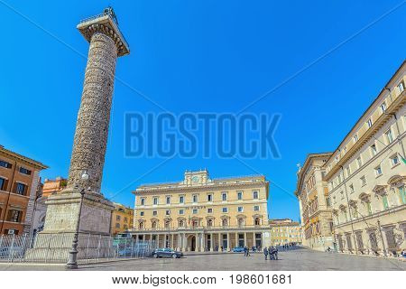 Rome, Italy - May 09, 2017: Column Of Marcus Aurelius(colonna Di Marco Aurelio) On Square Column. Ro