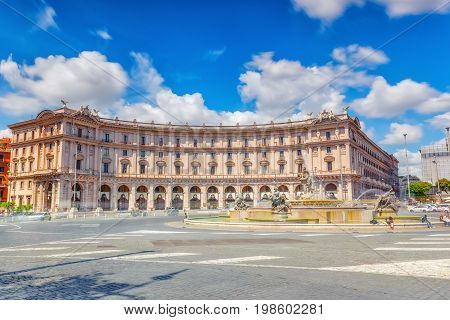 Rome, Italy - May 10, 2017 : Republic Square (piazza Della Repubblica) And The  Fontana Esedra. Ital