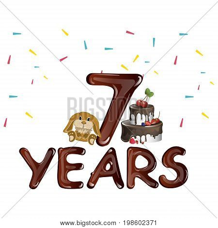 Seventh birthday with toy and cake. Vector illustration