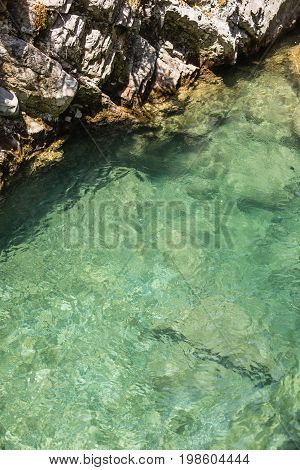 Turquoise pristine water in mountain river with copy space in Sapadere canyon in Turkey