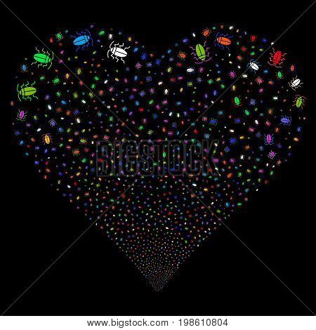 Cucaracha fireworks with heart shape. Vector illustration style is flat bright multicolored iconic symbols on a black background. Object stream organized from random pictograms.