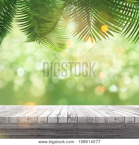 3D render of a white wooden table looking out to a defocussed background with palm tree leaves