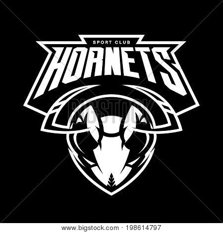 Furious hornet head athletic club vector logo concept isolated on black background. 
Modern sport team mascot badge design. Premium quality wild insect emblem t-shirt tee print illustration.