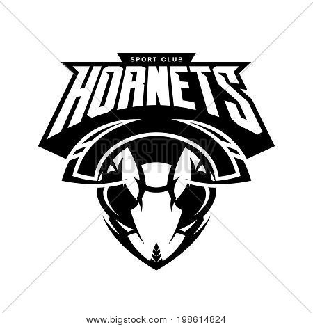Furious hornet head athletic club vector logo concept isolated on white background. 
Modern sport team mascot badge design. Premium quality wild insect emblem t-shirt tee print illustration.
