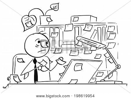 Cartoon vector illustration of forgetful stick man office workerclerk businessman with paper stick notes everywhere around his office table and computer also on his head.