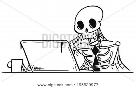 Cartoon vector illustration of forgotten human skeleton of dead businessman or clerk sitting in front of computer with spider webs all around.