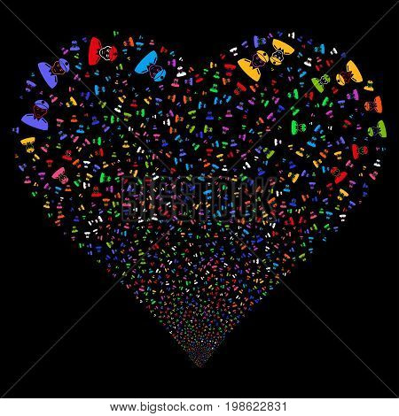 Soldier fireworks with heart shape. Vector illustration style is flat bright multicolored iconic symbols on a black background. Object love heart combined from scattered pictograms.