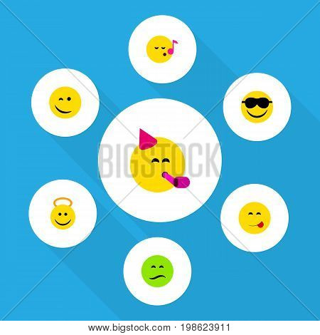 Flat Icon Emoji Set Of Descant, Angel, Party Time Emoticon And Other Vector Objects