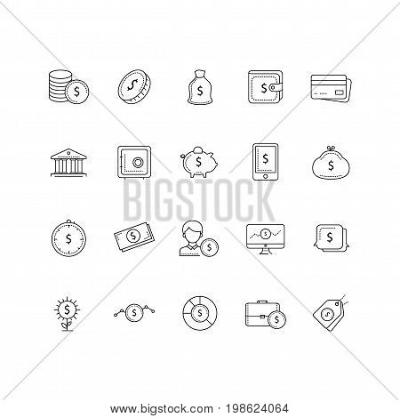 Set of 20 money and pyament thin line icons. Contains icons such as a Coins, bank, piggy bank, credit card, wallet, growth, investment and much more. 64x64 pixel perfect. Vector illustration.