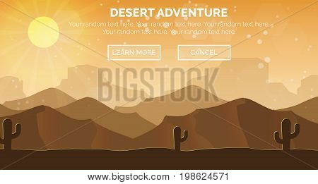 Illustration of sunny hot wild dry desert scene landscape, sand dunes, cactuses. Web header banner template.