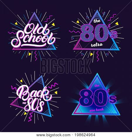 Set of 80's hand written lettering. Retro vintage colorful backgrounds. Eighties graphic banners. Apparel design for tee print. Vector illustration.