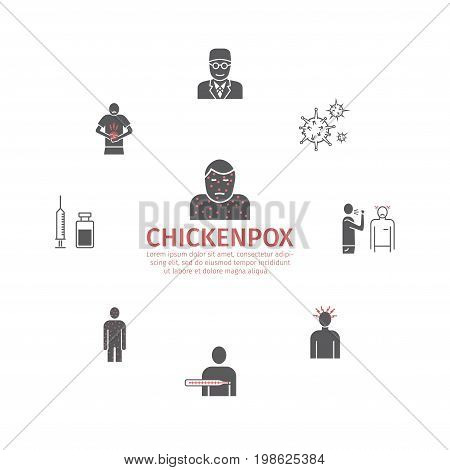 Chickenpox. Symptoms, Treatment. Flat icons set. Vector signs for web graphics
