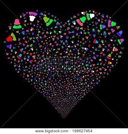 Woman fireworks with heart shape. Vector illustration style is flat bright multicolored iconic symbols on a black background. Object salute combined from scattered pictograms.