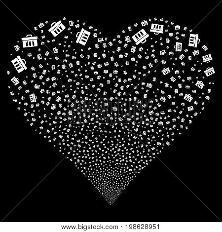 Analysis fireworks with heart shape. Vector illustration style is flat white iconic symbols on a black background. Object salute combined from confetti design elements.
