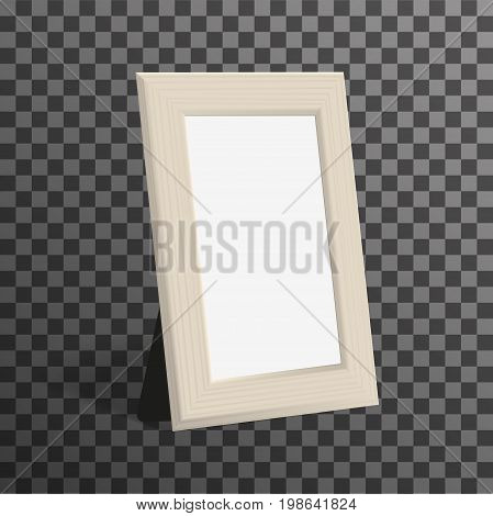 Realistic woden picture or photo frame mock up standing on transparent background. Vector design template.