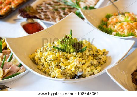 Salad on the banquet table decorated with greens.