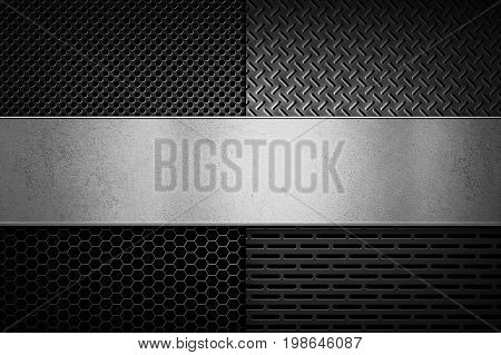 Four types of abstract modern grey perforated metal textures with polished metal plate banner for background graphic design. Place for text
