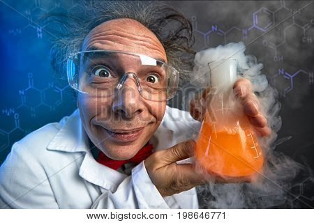 Crazy chemist with test tube, funny scientist
