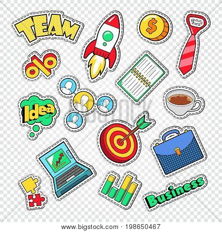Business Team Work Doodle. Finance and Creative Idea Stickers, Badges and Patches. Vector illustration