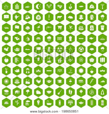 100 lotus icons set in green hexagon isolated vector illustration