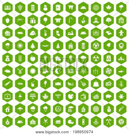 100 lumberjack icons set in green hexagon isolated vector illustration