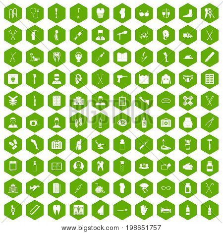 100 medical care icons set in green hexagon isolated vector illustration