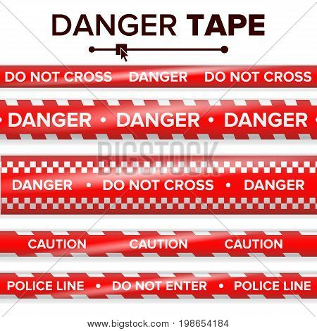 Danger Tape Vector. Red And White. Warning Tape Strips. Realistic Plastic Police Danger Tapes Set