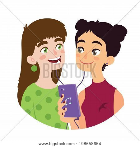 Asian girl is sharing music to a european girl. Two smiling young friends of different culture having fun. Listening to music using a smart phone. Vector illustration of international friendship in flat cartoon style on a white background.