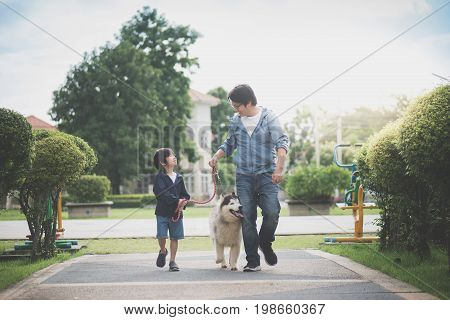 Asian Father And Son Walking With A Siberian Husky Don In The Park Under The Rain