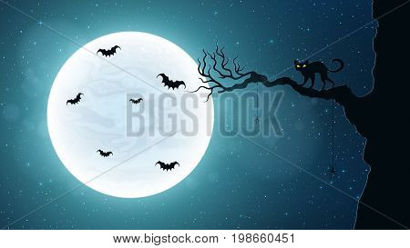 Black cat on a tree against the background of the full moon. Terrible night. Flying bats. Realistic starry sky. Background for Halloween. Vector illustration