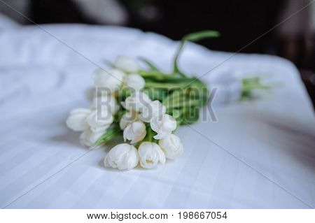 Bouquet Of Tulips On White Bed