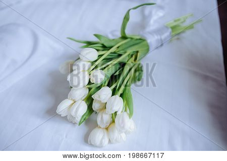 Bouquet Of Tulips On White Bed