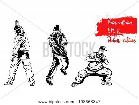 Set of illustrations with representatives of Urban Culture. Rapers and graffiti artist. Extreme theme modern print. Vector design elements. Isolated on white