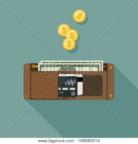 Wallet with money in flat style. Purse vector simple illustration.