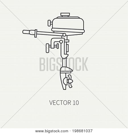 Line flat vector fisher and camping icon outboard motor. Fisherman equipment. Retro cartoon style. Holiday travel. Spinning. Lake. Boat. Nature. Illustration element for your design and wallpaper.