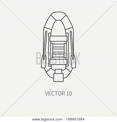 Line flat vector fisher and camping icon inflatable rubber boat. Fisherman equipment. Retro cartoon style. Holiday travel. Spinning. Lake. Oars. Catch. Illustration element for your design, wallpaper.