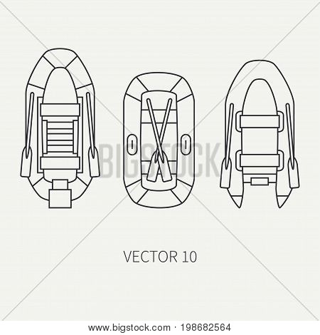 Line flat vector fisher and camping icon inflatable rubber boat. Fisherman equipment. Retro cartoon style. Holiday travel. Spinning. Lake. Oars. Catch. Illustration element for your design, wallpaper.