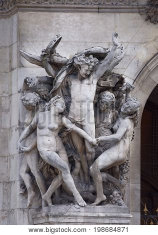 ParisFrance- April 30 2017: Opera Garnier. A composition that symbolizes the pillars of theatrical art. This "Dance" of the work of the great Jean-Baptiste Carpault