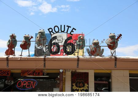 Seligman, USA - July 7, 2017: Decorations in the city of Seligman in Arizona at the historic Rooute 66 on July 7, 2017. The historic route 66 is now Freeway 40.